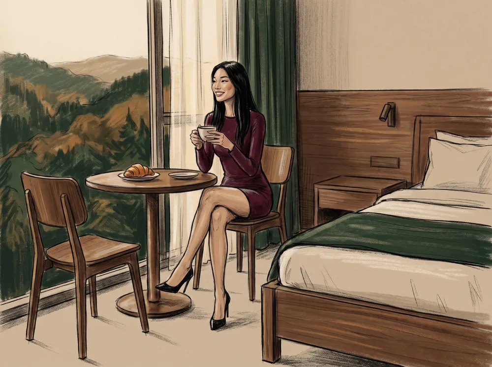Dessin généré de la même hôtesse dans une chambre d'hôtel le matin, une tasse de café à la main, un croissant sur la table et des collines boisées derrière la fenêtre.