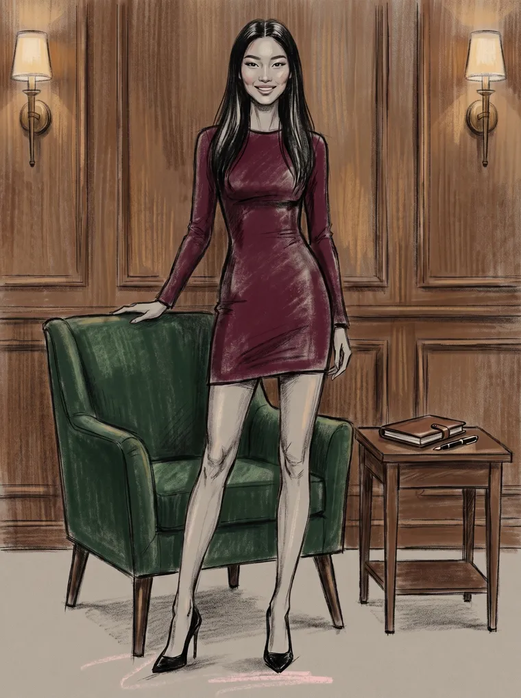 Dessin généré de Margaux Han, personnage créé pour ce guide, debout près d'un fauteuil de velours vert dans un salon aux murs de noyer.